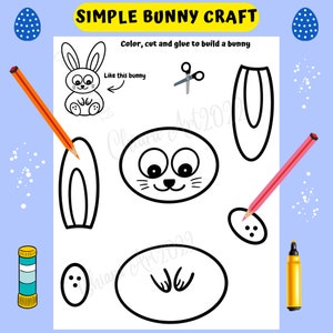 May include: A printable craft activity for kids to color, cut, and glue to make a bunny. The page includes a bunny template, a face, ears, feet, and a button for the nose. The instructions say "Color, cut and glue to build a bunny".