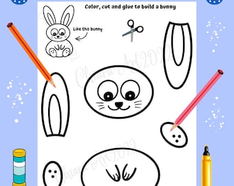 Bunny cut and paste preschool, Build an easy rabbit printable, Easter cut and glue activity for kids, Simple and cute bunny craft PDF