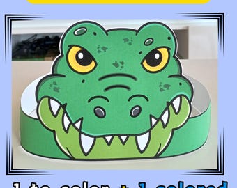 Crocodile paper crowns printable, Alligator headband, Crocodile paper hat for kids, Crododile headband to color and colored, Hand drawn