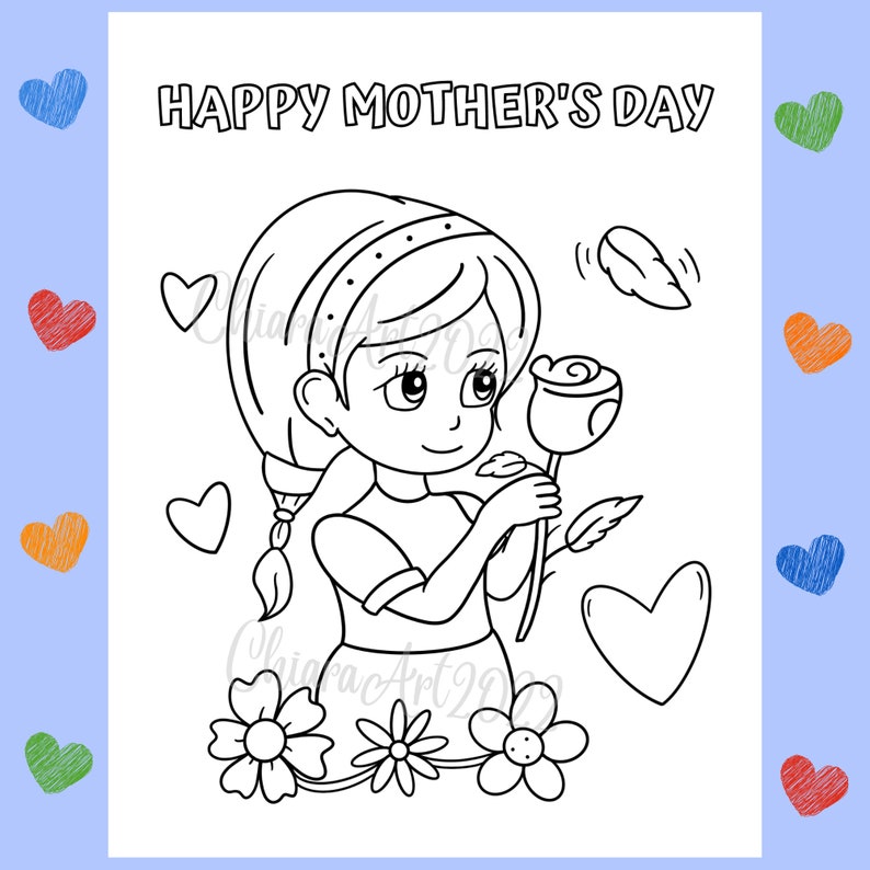 May include: A black and white coloring page featuring a girl holding a rose and surrounded by flowers. The text "HAPPY MOTHER'S DAY" is at the top of the page.