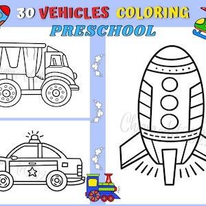 Peut inclure: Page de coloriage en noir et blanc avec 30 véhicules pour les enfants d'âge préscolaire. La page comprend un camion à benne basculante, une voiture de police, une fusée, un hélicoptère et un train.