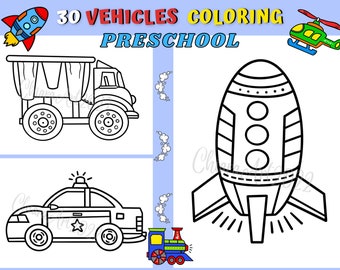Vehicle coloring pages preschool, Construction coloring sheets ages 2-5, Tractor, fire truck, police car, rocket coloring printable PDF JPG