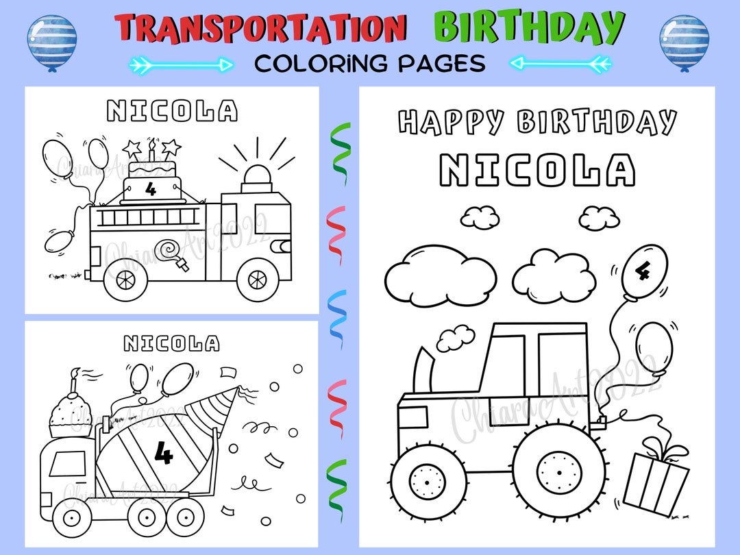 Vehicle Themed Birthday Coloring Pages for Kids - Etsy
