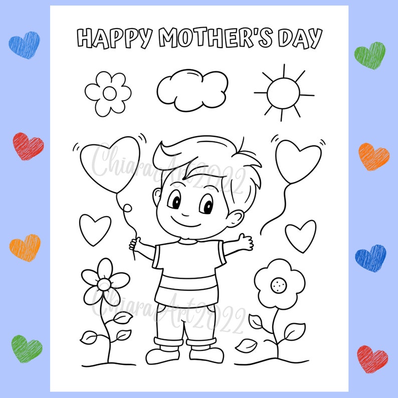 May include: A black and white coloring page featuring a boy holding a heart-shaped balloon. The page also includes a sun, a cloud, flowers, and the text "HAPPY MOTHER'S DAY".