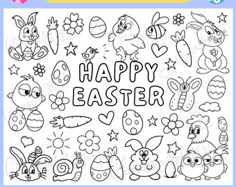 Happy Easter coloring page for kids printable, Cute Easter doodle coloring page, Easter eggs Hen Bunny coloring page, Chick coloring sheet