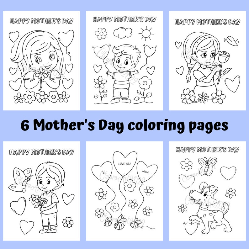 May include: Six black and white coloring pages featuring children giving gifts and flowers to celebrate Mother's Day. The pages include the text "Happy Mother's Day".