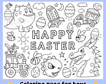Happy Easter coloring page for boys girls printable, Easter doodle coloring page, Easter truck tractor dinosaur dragon coloring sheet PDF