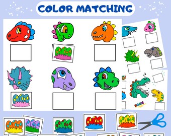 Dinosaur color matching printable, Match activity preschool, Color sorting matching dinosaur game, Color recognition activity, Dino egg game