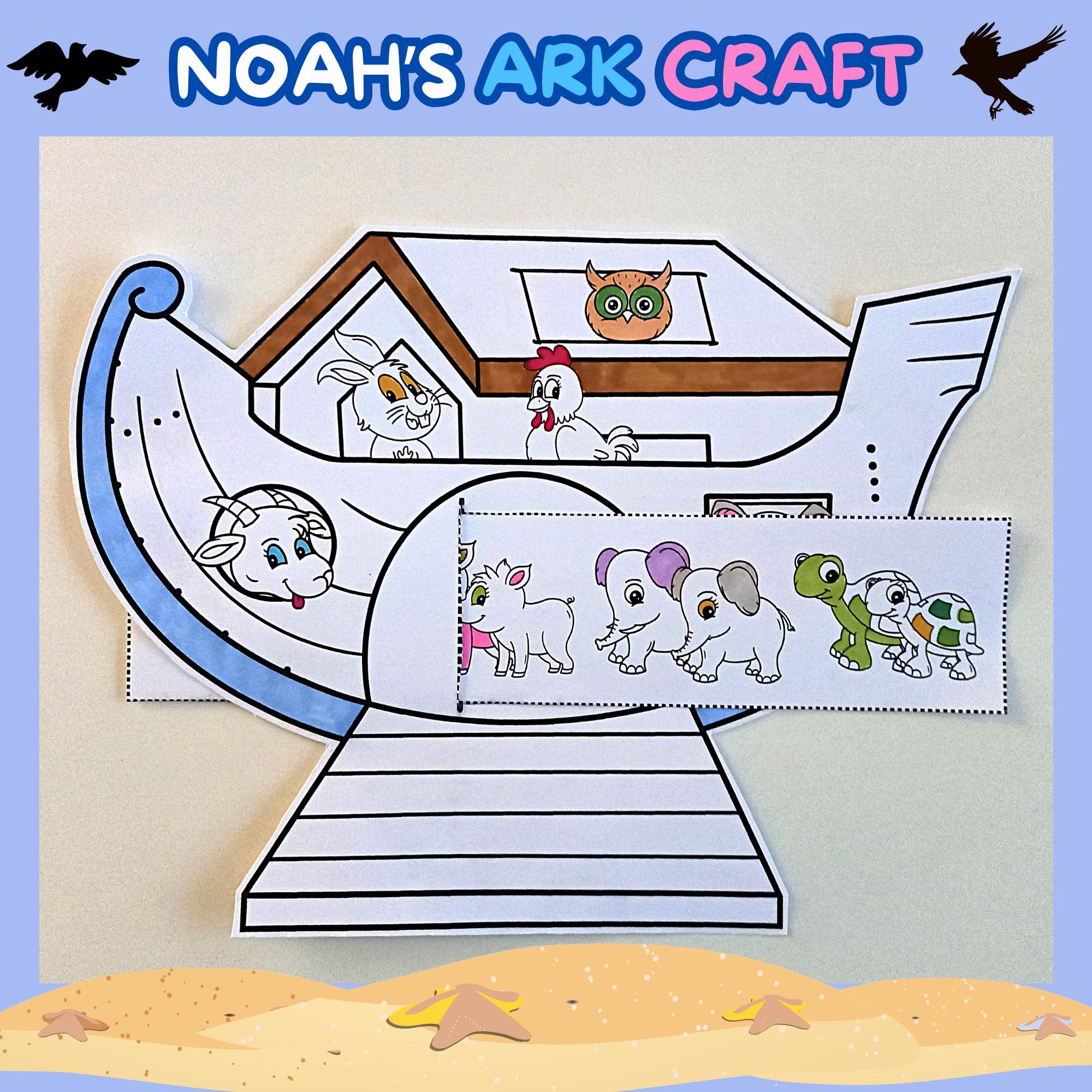 Noah's ark craft printable, Noah's Ark and animals coloring, Sunday school craft for kids, Simple Noah's ark activity, Religious craft PDF
