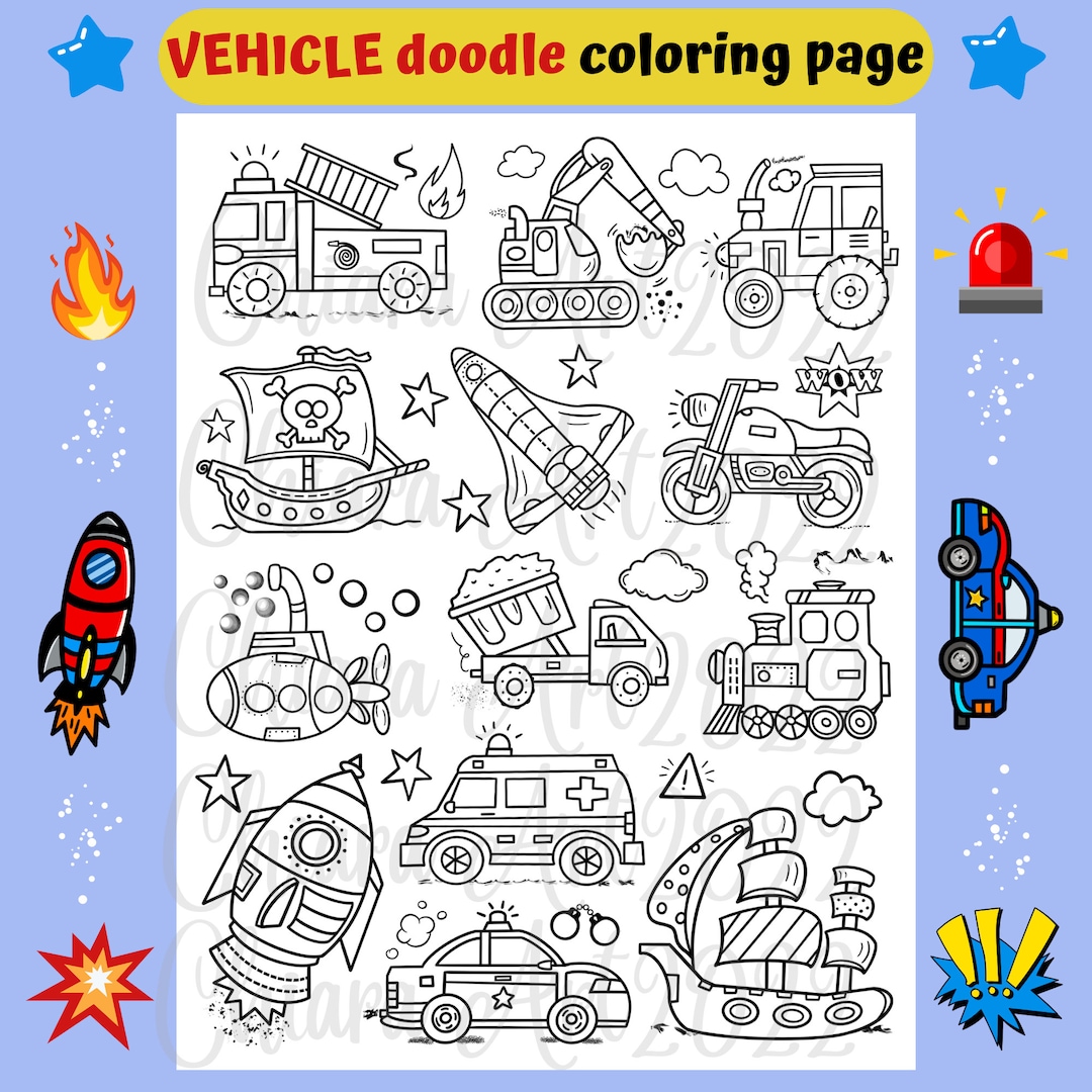 Vehicles Doodle Coloring Page Printable - Rocket, Truck, Boat ...