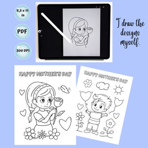 May include: Two black and white coloring pages with the text "Happy Mother's Day". The first page features a girl holding a rose. The second page features a boy holding two heart-shaped balloons.