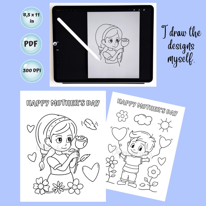 May include: Two black and white coloring pages with the text "Happy Mother's Day". The first page features a girl holding a rose. The second page features a boy holding two heart-shaped balloons.