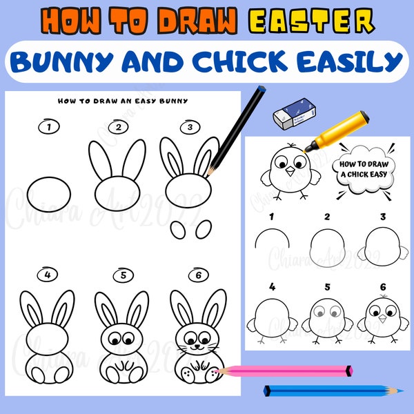 How to draw a bunny easy for kids, Drawing Easter step by step, How to draw a chick easy, Learn to draw a rabbit, Easter activity printable