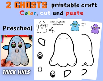 Build a ghost for preschool, 2 easy ghosts cut, Halloween cut and paste activities printable for kids, Cute ghosts craft kindergarten PDF
