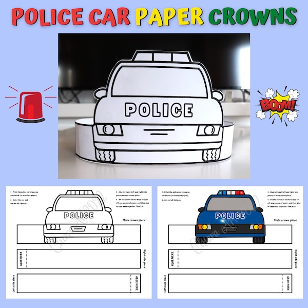 Police car paper crown for kids, Police party printable, Police themed birthday decor, Vehicle activity craft, Headband police car crown PDF