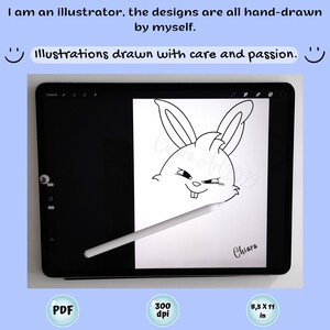 May include: A black and white line drawing of a bunny rabbit with a mischievous expression on a digital tablet screen. The drawing is on a white background and the tablet is on a blue surface. The text "Chiara Art 2022" is visible in the drawing. The text "Chiara" is written below the drawing. The text "PDF", "300 dpi", and "8.5 x 11 in" are visible in the lower part of the image.
