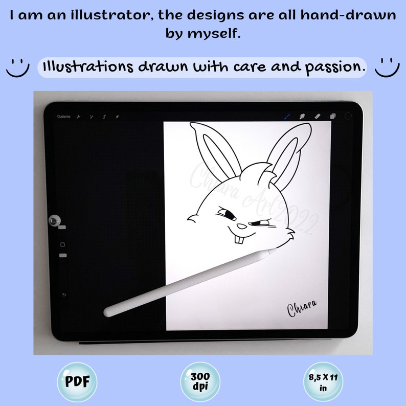May include: A black and white line drawing of a bunny rabbit with a mischievous expression on a digital tablet screen. The drawing is on a white background and the tablet is on a blue surface. The text "Chiara Art 2022" is visible in the drawing. The text "Chiara" is written below the drawing. The text "PDF", "300 dpi", and "8.5 x 11 in" are visible in the lower part of the image.