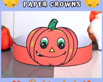 Couronne en papier citrouille à imprimer, Chapeau papier Halloween pour enfants, Couronne papier d'automne à colorier, Dessin fait main