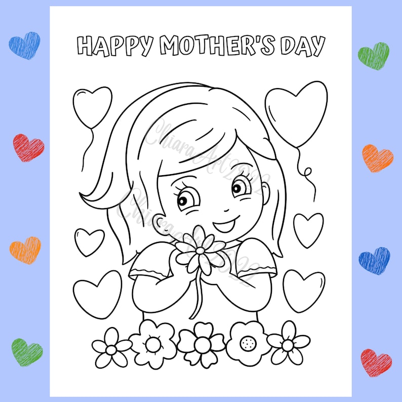 May include: A black and white coloring page featuring a girl holding a flower and surrounded by hearts. The text "HAPPY MOTHER'S DAY" is at the top of the page.