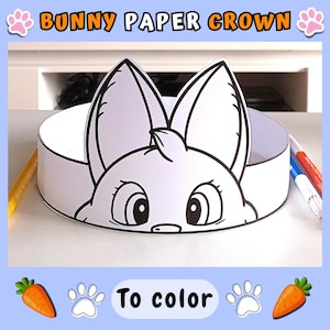 Bunny paper crown printable, Rabbit paper hat DIY, Bunny headband coloring for kids, Bunny themed party, Easter paper crown PDF, Hand drawn