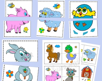 May include: A printable farm animal matching game for kids. The game features images of a pig, sheep, chick, rabbit, horse, duck, and dog. The top half of each animal is separated from the bottom half, and children must match the top and bottom halves together.