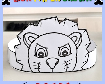 Lion paper crown for kids printable, Lion birthday decoration, Lion paper hat, Safari activity PDF, Lion headband craft for preschool and up