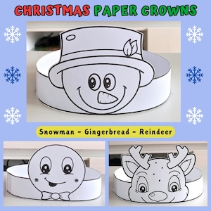 Christmas paper crowns printable, Snowman paper headband, Gingerbread paper crown, Reindeer paper crown for kids, Christmas party hats PDF