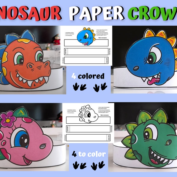 Couronne en papier dinosaure à imprimer, Décor anniversaire dinosaure, Chapeaux de fête dinosaure pour enfants, Activité manuelle dinosaure