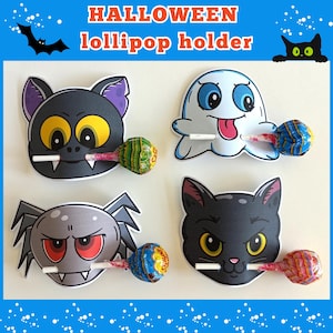 Halloween lollipop holder printable, Ghost Black cat Bat Spider lollipop holders, Halloween crafts, Halloween decoration, Hand drawn design