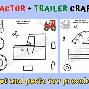 Tractor cut and paste printable, Trailer hay craft, Farm cut out activity for kids, Tractor craft preschool, Build a tractor trailer PDF
