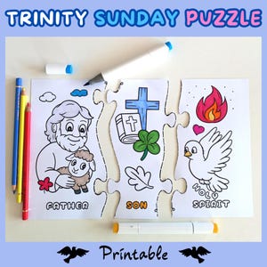 Rompecabezas para colorear La Santísima Trinidad, actividad de escuela dominical para imprimir, página para colorear Padre Hijo Espíritu Santo, actividad cristiana para niños