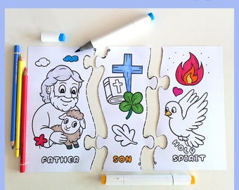 Coloriage Puzzle La Sainte Trinité, Activité école du dimanche à imprimer, Coloriage Père Fils Saint Esprit, Activité chrétienne pour enfant