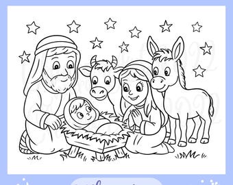 Nativity coloring page for kids printable, Baby Jesus Mary Joseph Donkey Ox coloring sheet, Christian Christmas coloring page