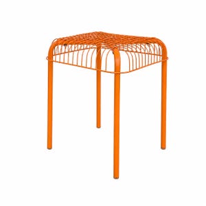 May include: A bright orange stool constructed from thin metal rods. The seat features a square grid pattern with rounded corners, supported by four straight vertical legs that extend from the corners of the seat frame to the floor.