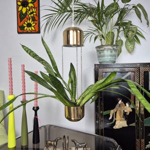 Op de afbeelding: Een messing hangende plantenbak met een slangplant, opgehangen aan kettingen. De plantenbak wordt gecombineerd met een verzameling kleurrijke kandelaars en een decoratieve kast. Op de achtergrond is een kunstwerk met zonnebloemthema te zien.