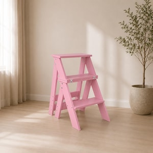 Sedia sgabello 2 in 1 | Sgabello pieghevole fatto a mano | Sgabello di supporto in legno rosa | Sedia e scala convertibili | Mobili per piccoli spazi
