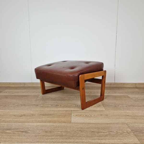 Mid Century Danish Modern Teak and Leather Foot Stool Footrest, 1960s, vintage, mid century modern, ottoman