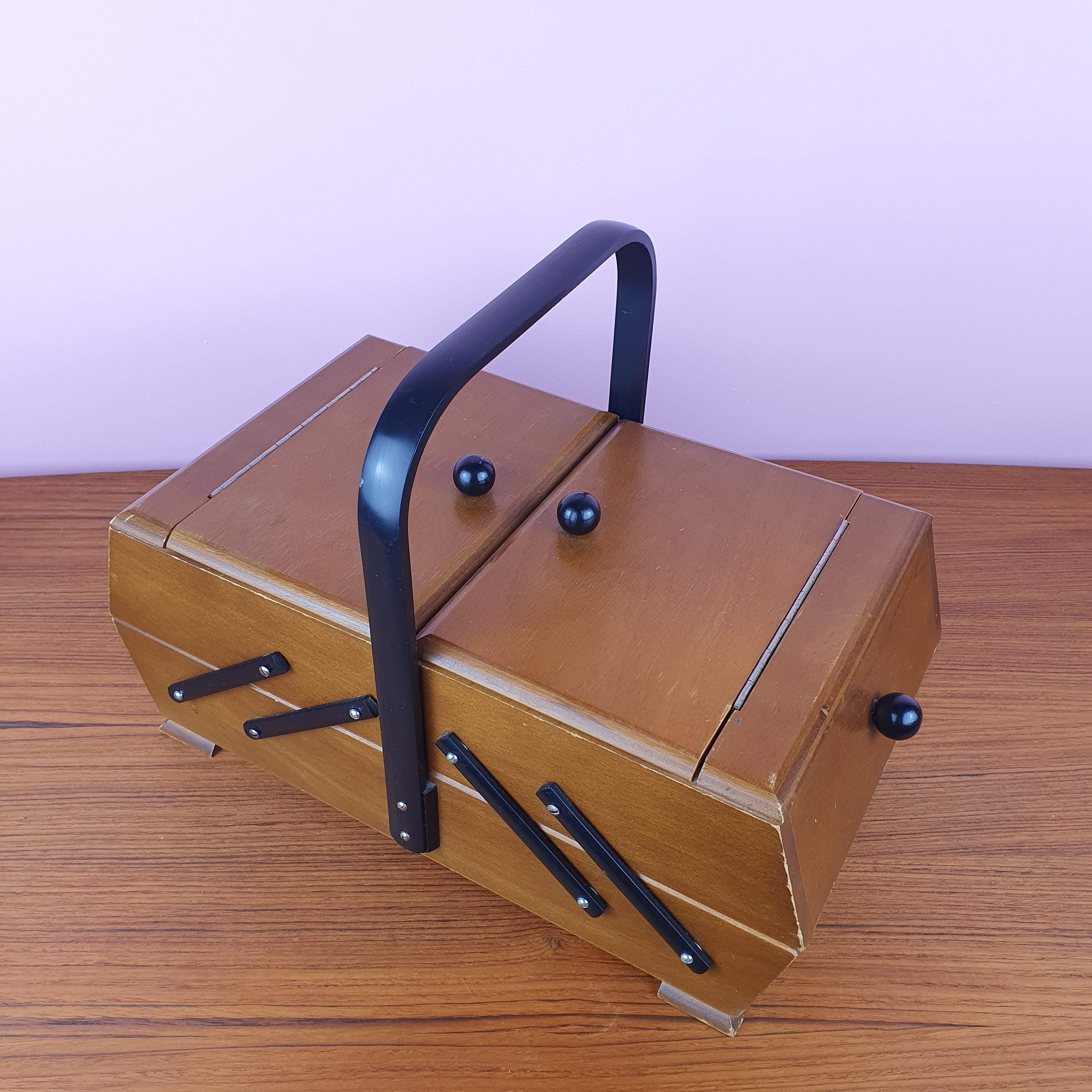 Vintage Sewing Box Sewing Basket Wooden Sewing Box Fold Out Etsy