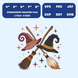 Peut inclure: Un fichier de broderie machine représentant deux balais croisés et deux chapeaux de sorcière, un bordeaux et un noir, entourés d'étoiles. Le texte indique 4", 5", 6", 7", 8", EMBROIDERY MACHINE FILE, 1 FILE - 5 SIZE, VP3, PES, JEF, EXP, DST, EMB.