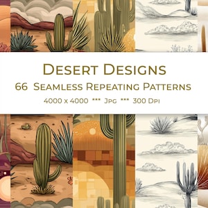 Puede incluir: Colección de arte digital "Desert Designs" con 66 patrones repetitivos sin costuras. La obra presenta paisajes desérticos con cactus, flores y dunas de arena en tonos cálidos y terrosos. La imagen incluye las dimensiones 4000 x 4000 píxeles.