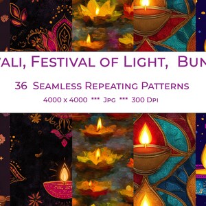 May include: Digital art bundle featuring 36 seamless repeating patterns. The patterns showcase Diwali, the Festival of Light, with images of lit candles, floral designs, and a woman in traditional attire. The image includes the text "Diwali, Festival of Light, Bundle".