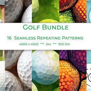 May include: A digital art bundle featuring 16 seamless repeating golf patterns. The image includes golf balls, green grass, and colorful abstract designs. The text on the image reads "Golf Bundle" and pattern details.