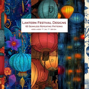 Può includere: Opera d'arte digitale con disegni di lanterne colorate. L'immagine mostra lanterne rotonde e cilindriche in rosso, arancione, blu e turchese. Il testo recita "Lantern Festival Designs". La risoluzione è di 4000 x 4000 pixel.