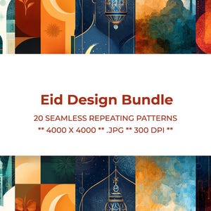 May include: An abstract design bundle with a white rectangular text box in the center. The text reads "Eid Design Bundle" and lists 20 seamless repeating patterns. The background features a mosaic of colorful geometric shapes and Islamic-themed illustrations.