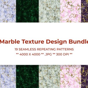 May include: A collection of marble texture designs in various colors, including black, white, green, and pink, with gold veining. The image includes the text "Marble Texture Design Bundle" and details about the patterns.