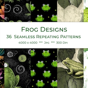 Può includere: Una collezione di 36 motivi di rane senza cuciture e ripetuti. I disegni presentano varie illustrazioni di rane in verde, nero e bianco. L'immagine include il testo "FROG DESIGNS" e "36 MOTIVI RIPETUTI SENZA GIUNZIONI".
