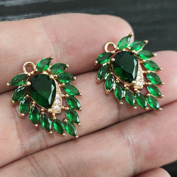 2+ Emerald Rhinestone Leaf Charms,Crystal Foliage Leaves Drops,Transarent Glass pendant,Exquisite Charm Jewelry Making Accessories Wholesale