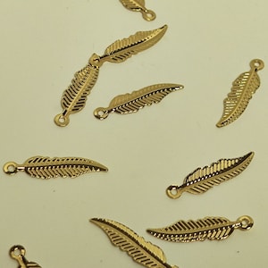 14K gold-plated feather earring pendant, gold feather shaped earring charm, necklace, bracelet pendant, DIY jewelry making supplies 6x16mm