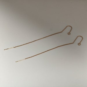 May include: A pair of long, thin gold chain earrings with small loops at the ends.