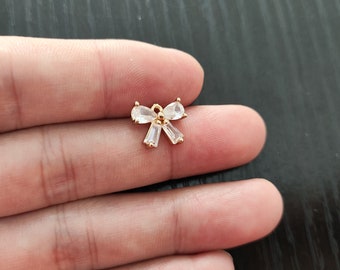 10 Pieces, Clear Zircon Pendant, Bow Zircon Pendant, Zircon Pendant, Jewelry Supplies, 14k Gold Plated Pendant